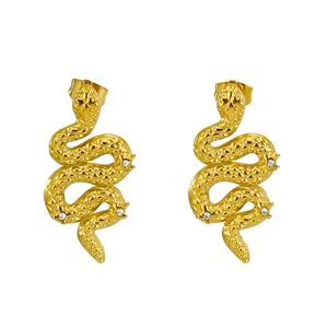 Retro gold snake earrings with cubic zirconia accents on a minimalist white background