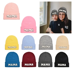 Acrylic Knit Beanie For Women Warm Winter Hat With MAMA Towel Embroidery Folded Cuffed Outdoor Skiing Headwear