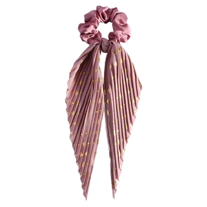 Pink silk hair scrunchie with long pleated ribbons and gold star patterns detail