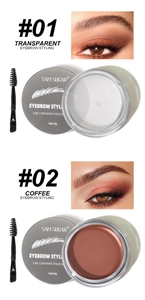 Detailed view of eyebrow styling gel in transparent and coffee shades with 5g jars