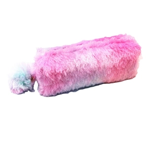 Rainbow gradient plush pencil case with large capacity and fluffy pompom keychain