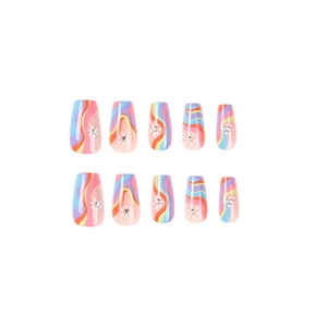 Press-on nails with colorful wave patterns, white flowers and rhinestones set of 10