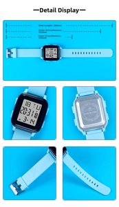 Detailed views of light blue digital sports watch with dimensions and strap features