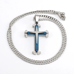 Men's double-layered silver and blue cross pendant on a stainless steel link chain