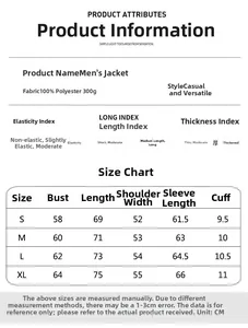 Size chart for men's fleece windbreaker jacket with dimensions from S to XL in cm