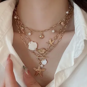 Bohemian Multi Layer Necklace Alloy Shell Starfish Conch Pendant Imitation Artificial Pearl Ocean Theme OT Buckle Jewelry Women