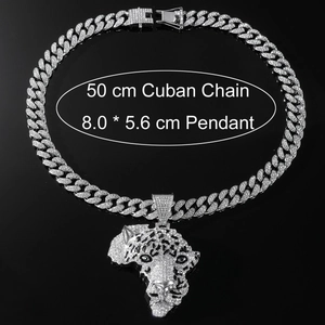 Hip hop silver cuban chain with full iced out leopard head pendant for men's jewelry