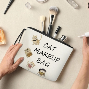 Cat Makeup Bag Cute Cartoon Fine Linen Polyester Portable Travel Toiletry Organizer Pouch Zipper Wristlet For Women