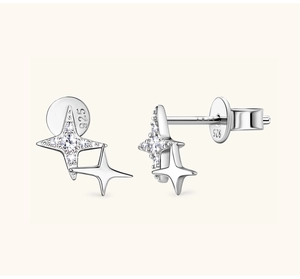 Macro shot of 925 silver star stud earrings with zirconia and engraved silver hallmark
