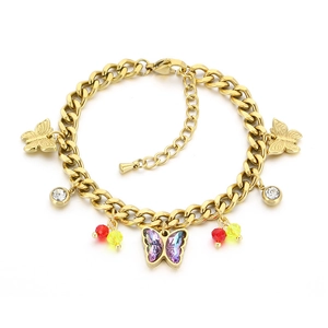 Golden stainless steel chain bracelet with purple butterfly charms and crystal accents