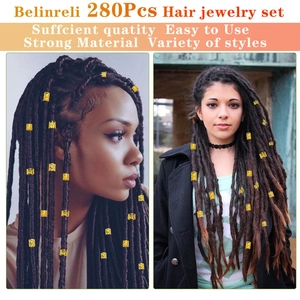 Detailed view of 280pcs gold hair jewelry set with model wearing braided metal cuffs
