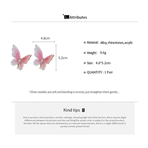 Detailed size specifications of pink acrylic butterfly earrings with rhinestones