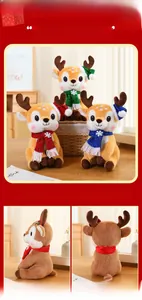 Detailed views of plush Christmas reindeer dolls with sequins scarves and Santa hats