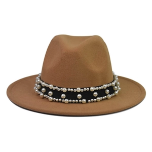 Camel wool fedora hat with wide brim featuring a black pearl-embellished band decoration
