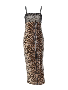 Detail of leopard print dress featuring black lace neckline and subtle sequin texture