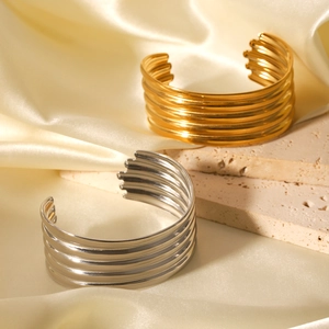Stainless Steel Open Cuff Bracelet Multi-Layer Ribbed Wide Band Minimalist INS Style Jewelry For Women