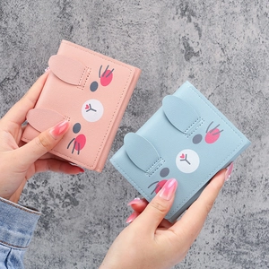 Cute cartoon rabbit ear tri-fold short wallet for women in pink and blue PU leather