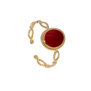 Vintage gold plated adjustable ring with oval red gemstone and twisted rope texture