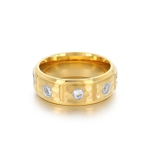 Men's 8mm gold-tone titanium steel ring with textured band and inlaid round zircons