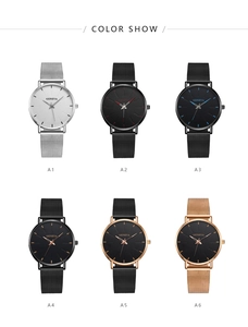 Six colors of Geneva men's quartz watches with mesh straps and minimalist dials