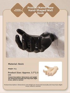 Detail view of hand-shaped wall hook specs showing 3.7x2.5cm resin storage hooks