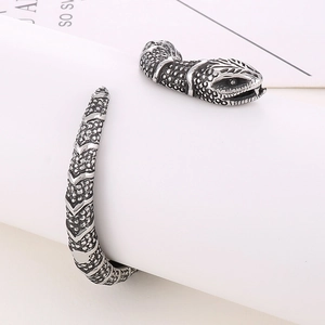 Retro stainless steel snake open bangle with vintage oxidized finish and scale textures