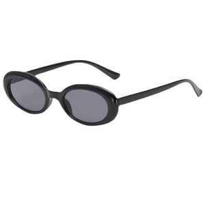 Retro oval black frame sunglasses with dark grey lenses in a minimalist fashion style