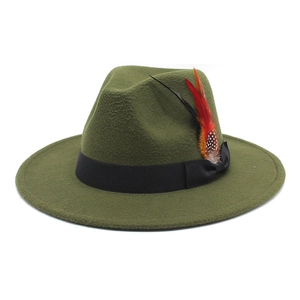 Detail of dark green wool fedora showing black ribbon texture and colorful feather accent