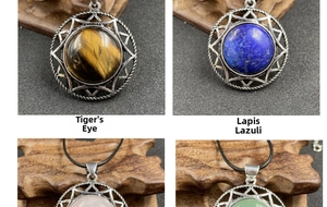 Retro round gemstone pendants featuring Tiger Eye and Lapis Lazuli with silver woven frames