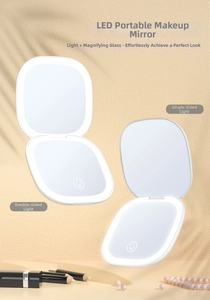Detail view of foldable LED makeup mirror showing dual lighting and 5x magnification lens