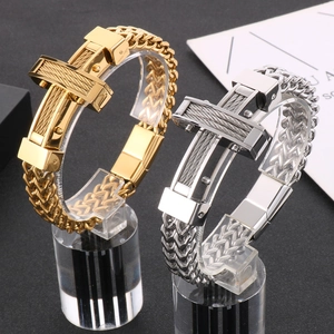 Hip hop cable wire cross bracelet for men with magnetic clasp in gold and silver finish