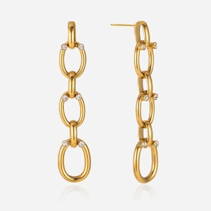 Boucles d'Oreilles Pendantes en Acier Inoxydable Plaqué Or 18K Maillon Ovale Strass Géométrique Chaîne Boucles d'Oreilles Bijoux