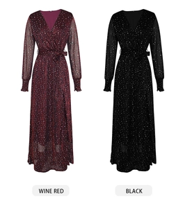 Mid-length V-neck wrap dresses with belts shown in wine red and black textured fabric
