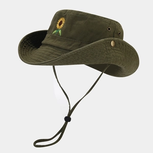 Sunflower Embroidered Cotton Bucket Hat Wide Brim Sun Protection Breathable Outdoor Hiking Fishing Hat Adjustable Rope