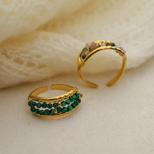 Chic gold titanium steel rings with natural malachite and colorful tourmaline beads