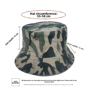 Detail showing bucket hat dimensions: 55-58cm circumference, 8cm depth, and 5cm brim width