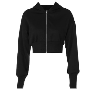 Detail of black hooded knit jacket showing ribbed cuffs and high-quality metal zipper