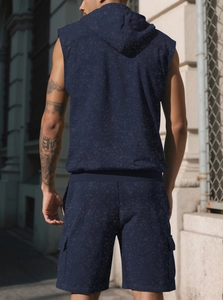 Rear view of navy blue men's sleeveless hoodie and matching cargo sports shorts