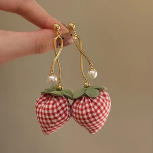 Sweet red plaid strawberry drop earrings with white pearls and gold metal hooks