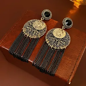 Vintage Tassel Drop Earrings Alloy Black Rhinestone Portrait Coin With Silver Earring Post Bohemian Ethnic Jewelry Women