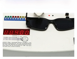 Detail showing square sunglasses on a UV400 tester demonstrating UV protection function