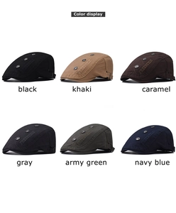 Close-up of side embroidery and metal buttons on vintage camouflage flat caps in six colors