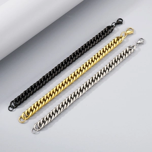 Parallel curb chain bracelets shown in polished black, gold, and silver stainless steel