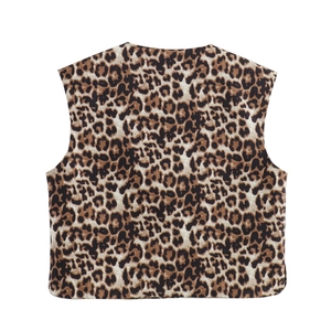 Detailed back view of a chic leopard print vest with a high-quality textured animal pattern