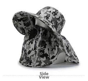Side view of camouflage sun hat featuring breathable mesh face mask and neck flap shield