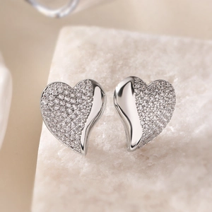 Modern 18K gold plated heart stud earrings with silver finish and zircon inlay on stone