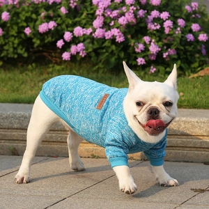 Blue knit sweater for small dogs like French Bulldogs with textured fabric and classic tag
