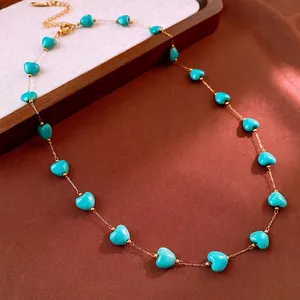 Heart Turquoise Pendant Necklace Copper Gold Plated Bohemian Retro Adjustable Clavicle Chain Jewelry For Women