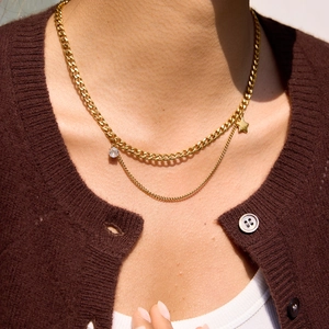 Double Layer Necklace Stainless Steel Zirconia Star Pendant Cuban Link Chain For Women Jewelry Fashion Accessory