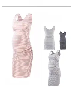 Detail view of ruched maternity sundress in striped pink, grey and navy patterns